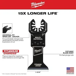 Milwaukee Open-Lok 1-3/4" Titanium Charged Bi-Metal Multi-Material Multi-Tool Blade with titanium blend for durability and quick blade changes.