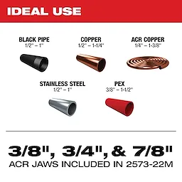 M12 FORCE LOGIC PRESS TOOL KIT w/ ONE KEY with 3/8", 3/4", & 7/8" Streamline ACR Press Jaws with labeled pipe types.