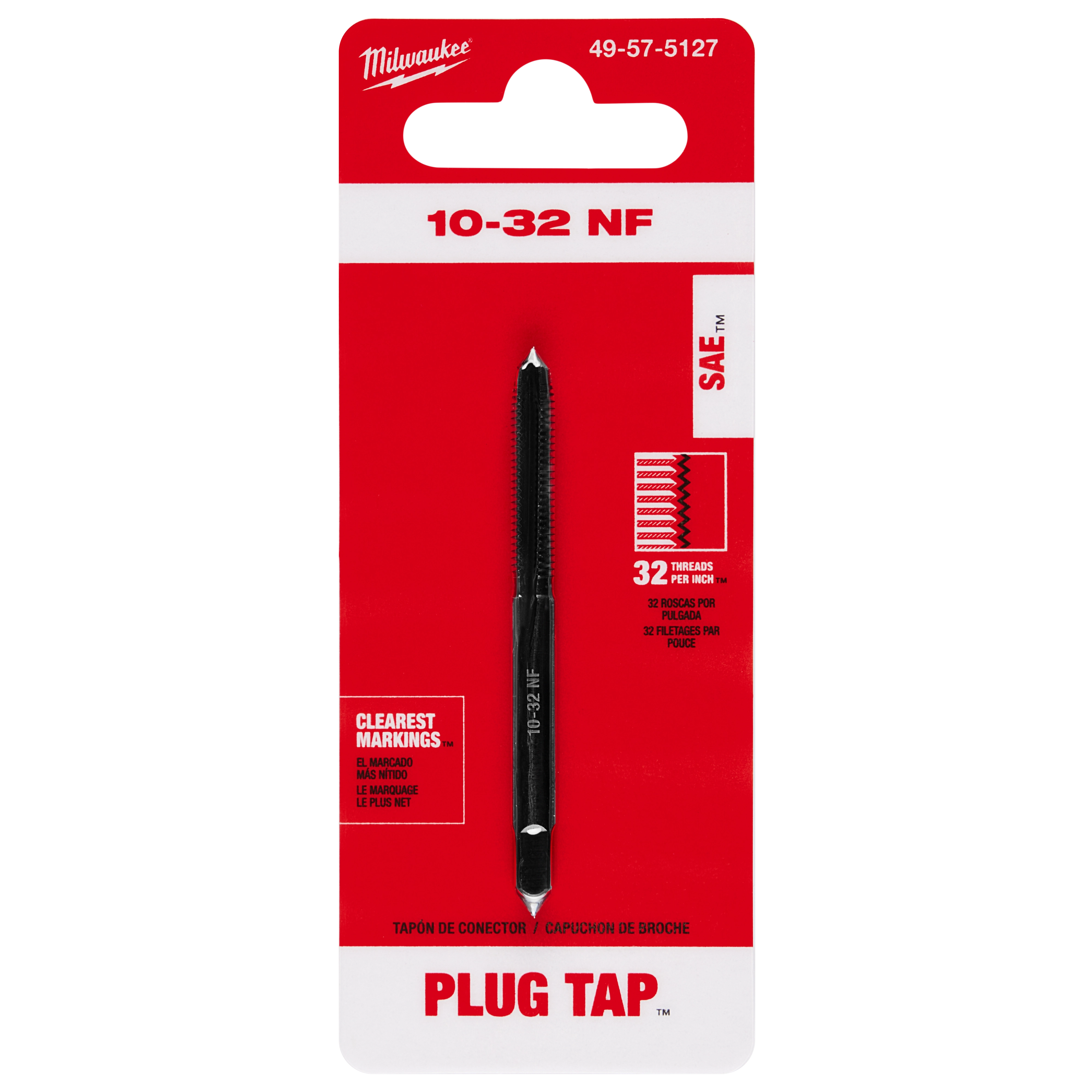 10-32 NF Straight Flute Plug Tap in a red package with "32 threads per inch" and "Clearest Markings" text.