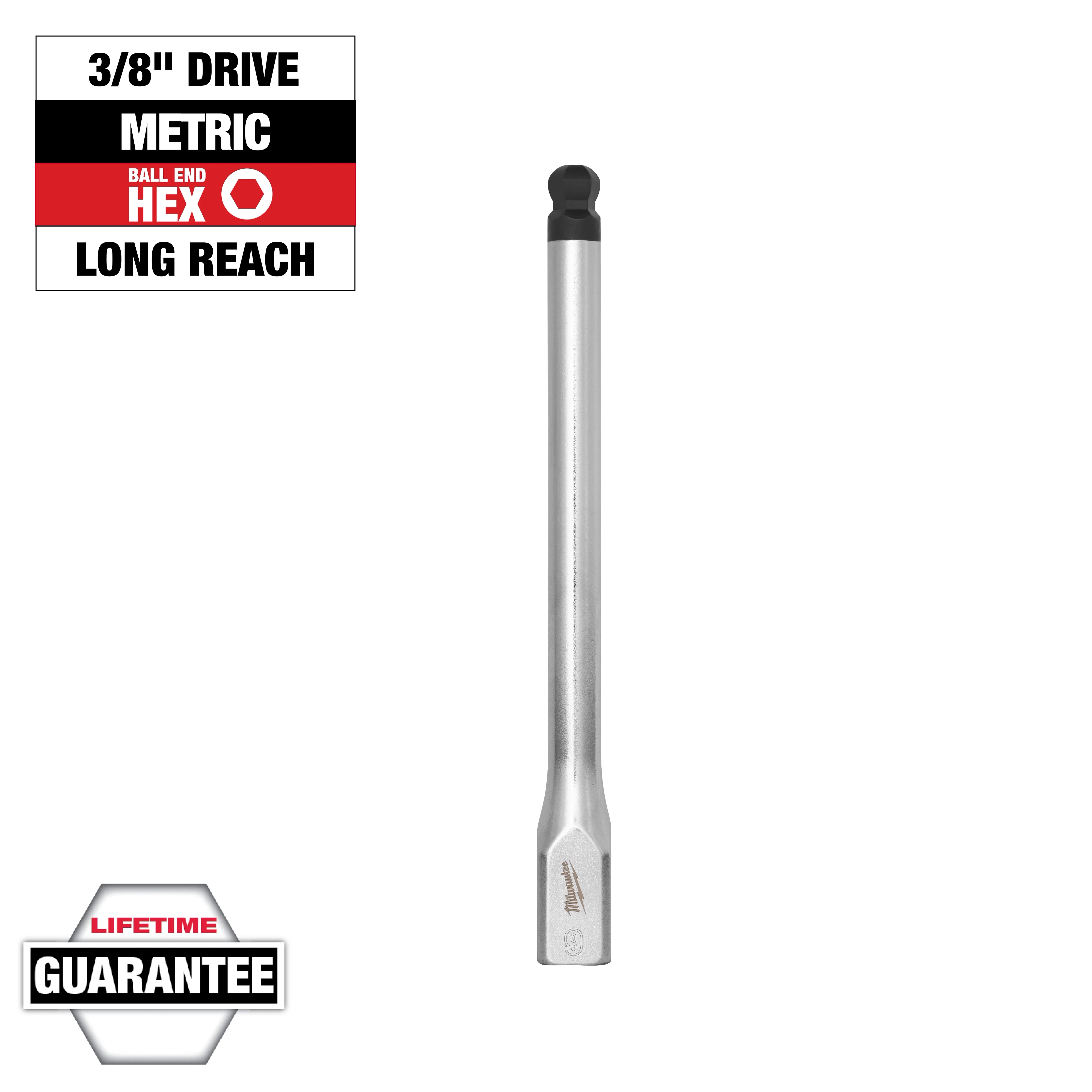3/8" Drive 9mm Long Ball End Hex Bit Socket with a long reach and metric measurement. Displayed next to "Lifetime Guarantee" badge.