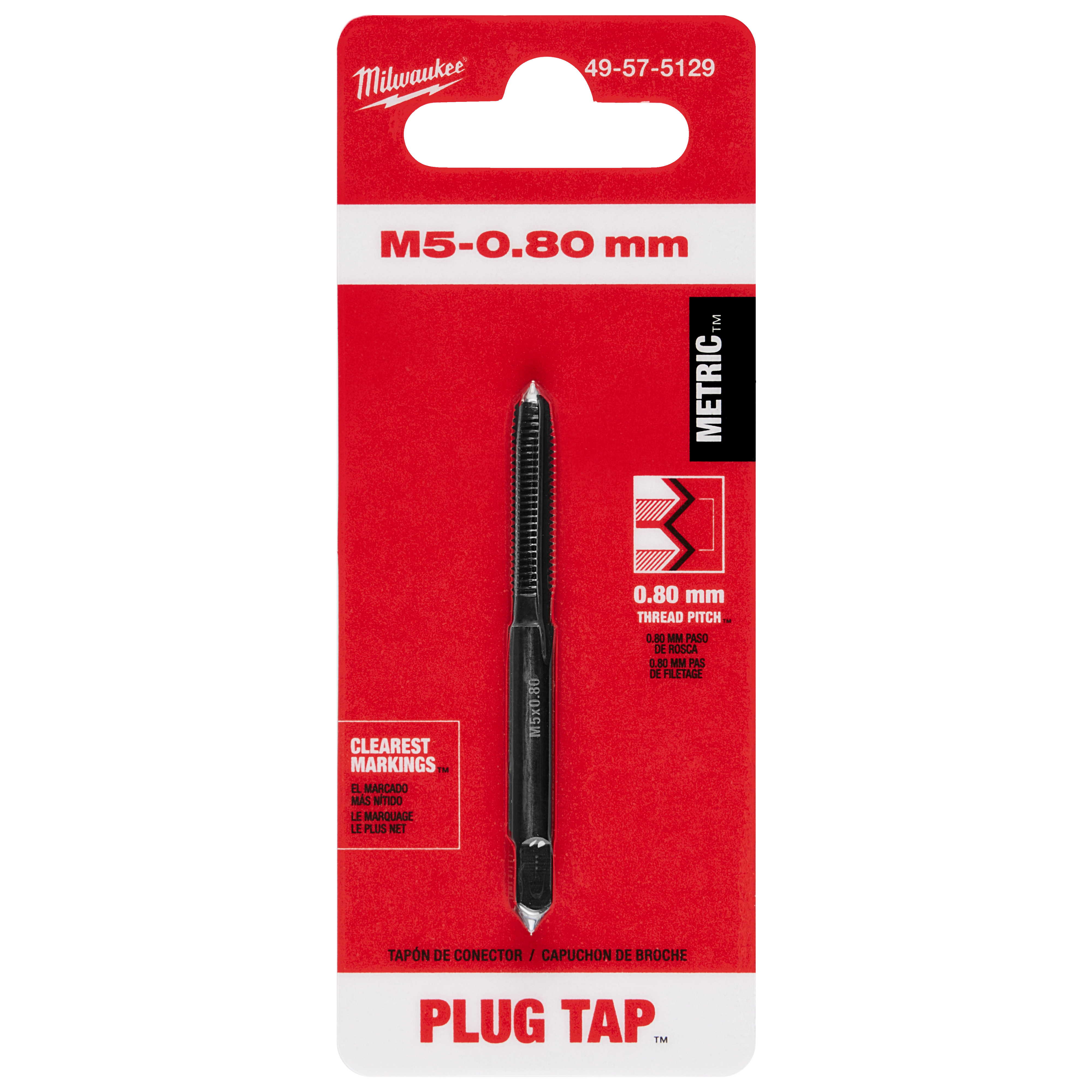 M5-0.80 20mm Straight Flute Plug Tap in black, packaged in a red and white blister pack with product specifications.