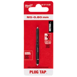 M5-0.80 20mm Straight Flute Plug Tap in black, packaged in a red and white blister pack with product specifications.