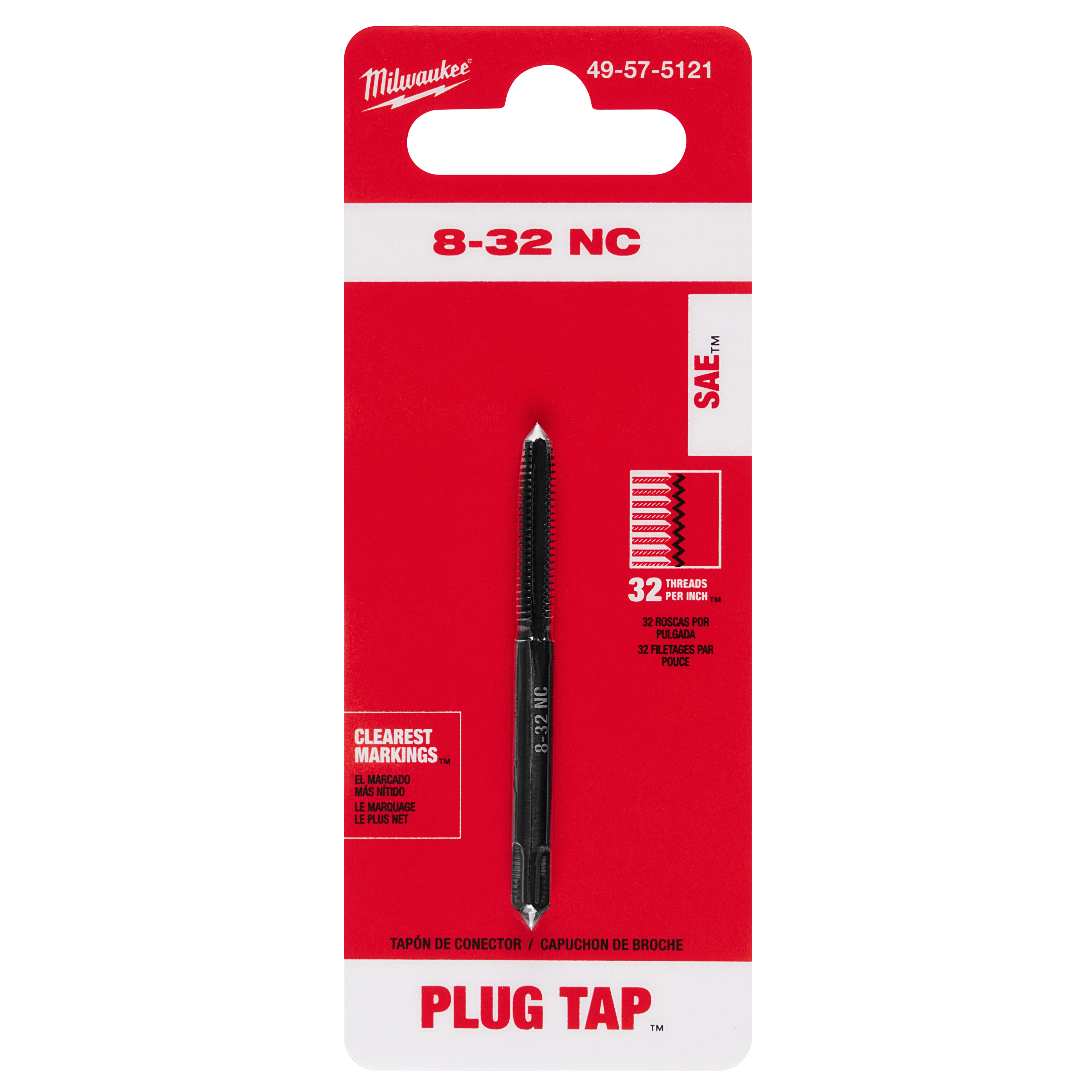 8-32 NC Straight Flute Plug Tap shown in product packaging. The tap is black with 32 threads per inch, packaged in a red and white card.