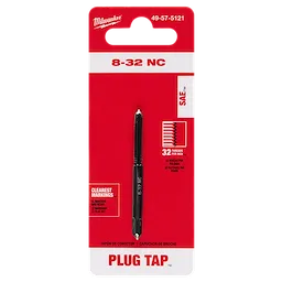 8-32 NC Straight Flute Plug Tap shown in product packaging. The tap is black with 32 threads per inch, packaged in a red and white card.