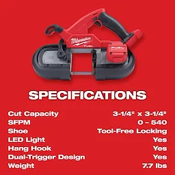 M18 FUEL Compact Dual-Trigger Band Saw Specifications Chart with band saw image above a text list of specs on a red background.
