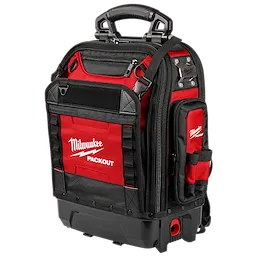 Red and black PACKOUT Structured Backpack with multiple compartments, handles, and zippers, designed for tool storage and transportation.