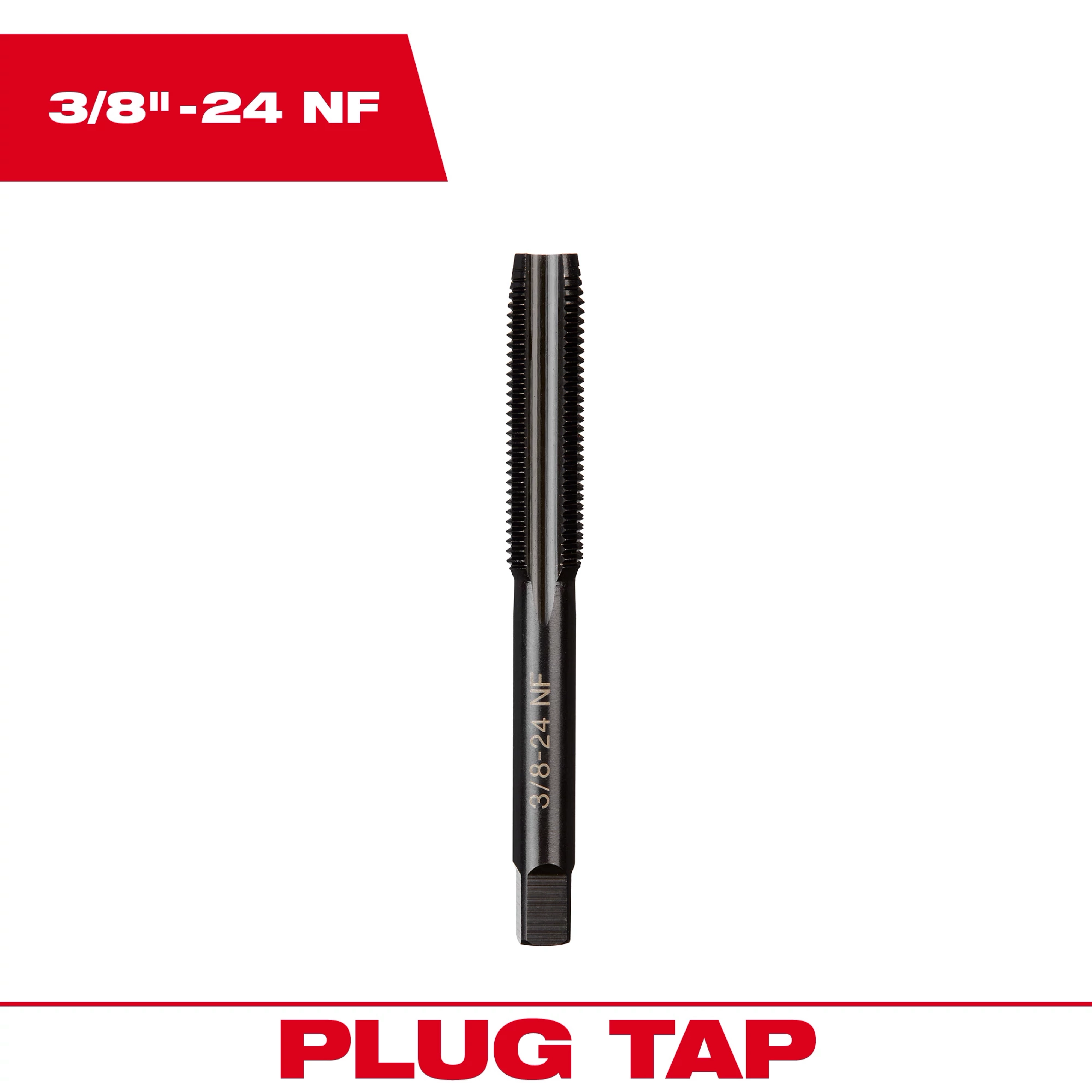 3/8"-24 NF Straight Flute Plug Tap shown vertically on a white background with the label "PLUG TAP" in red at the bottom.