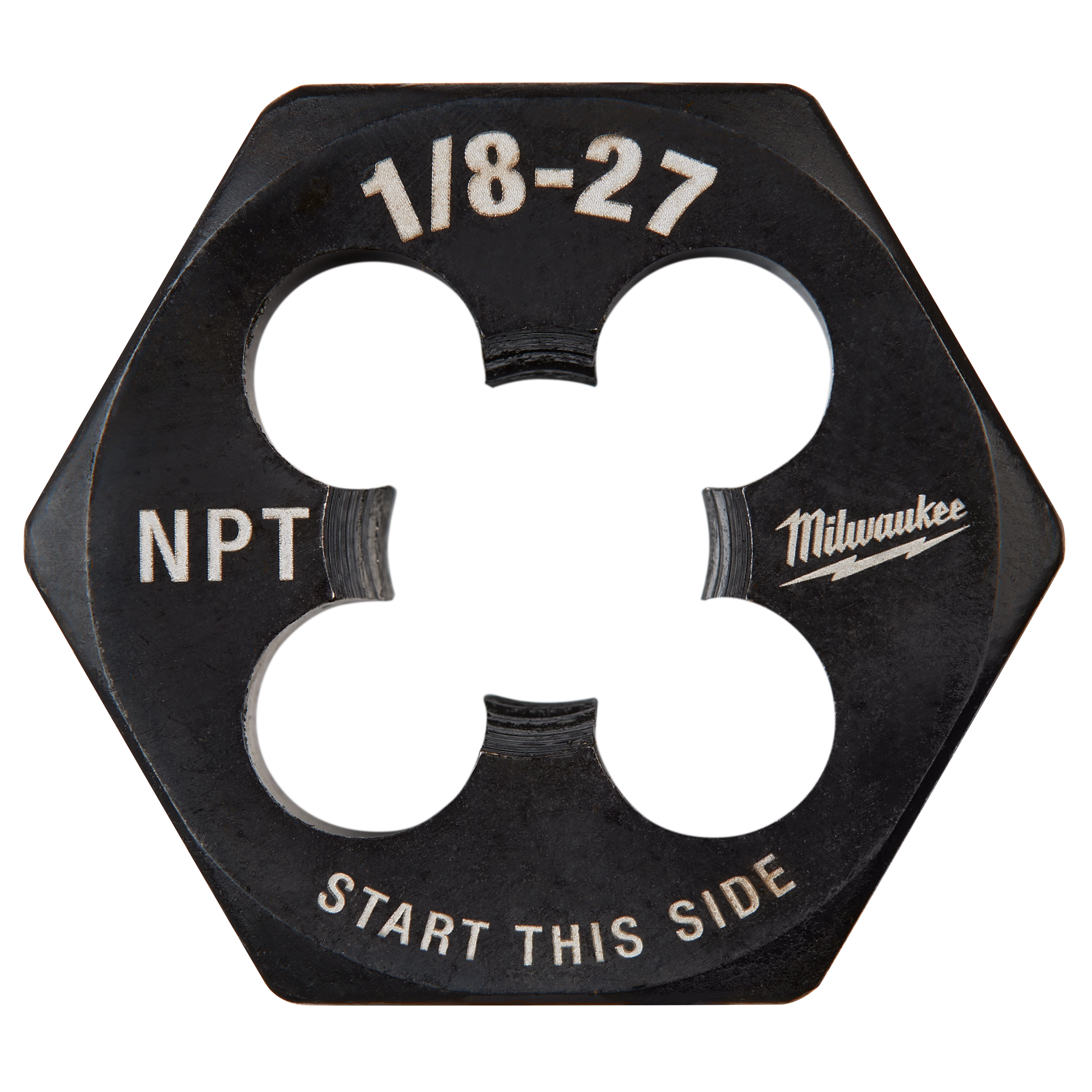 1/8"-27 NPT 1-Inch Hex Threading Die, black, hexagonal with four holes and text indicating size, threading type, and usage direction.