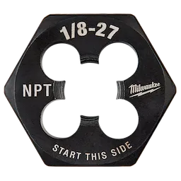 1/8"-27 NPT 1-Inch Hex Threading Die, black, hexagonal with four holes and text indicating size, threading type, and usage direction.