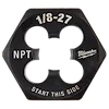 1/8"-27 NPT 1-Inch Hex Threading Die, black, hexagonal with four holes and text indicating size, threading type, and usage direction.