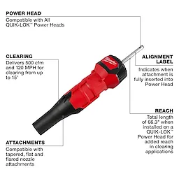 Red and black M18 FUEL QUIK-LOK Blower Attachment with labeled features on a white background.