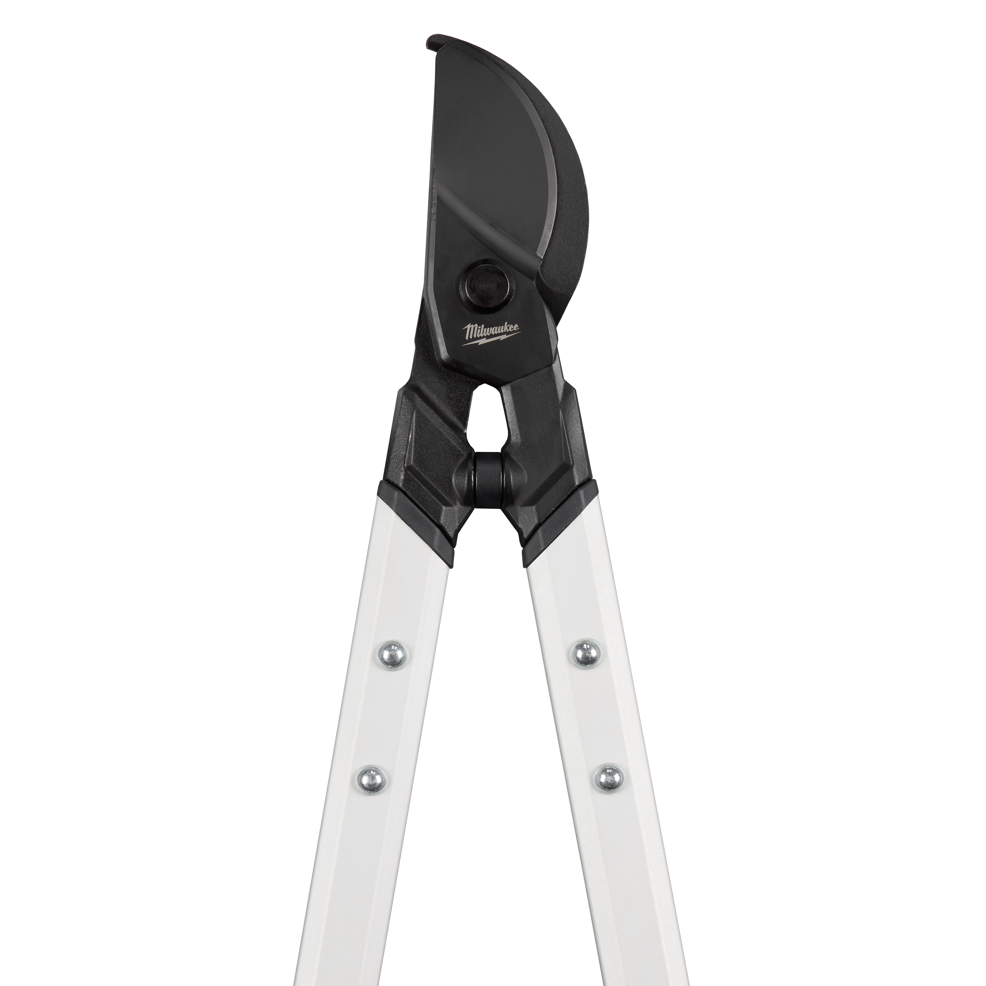 Image of a 2" Lopper with black cutting blades and white handles. The lopper is designed for trimming branches and features the Milwaukee brand logo on the blade connection.
