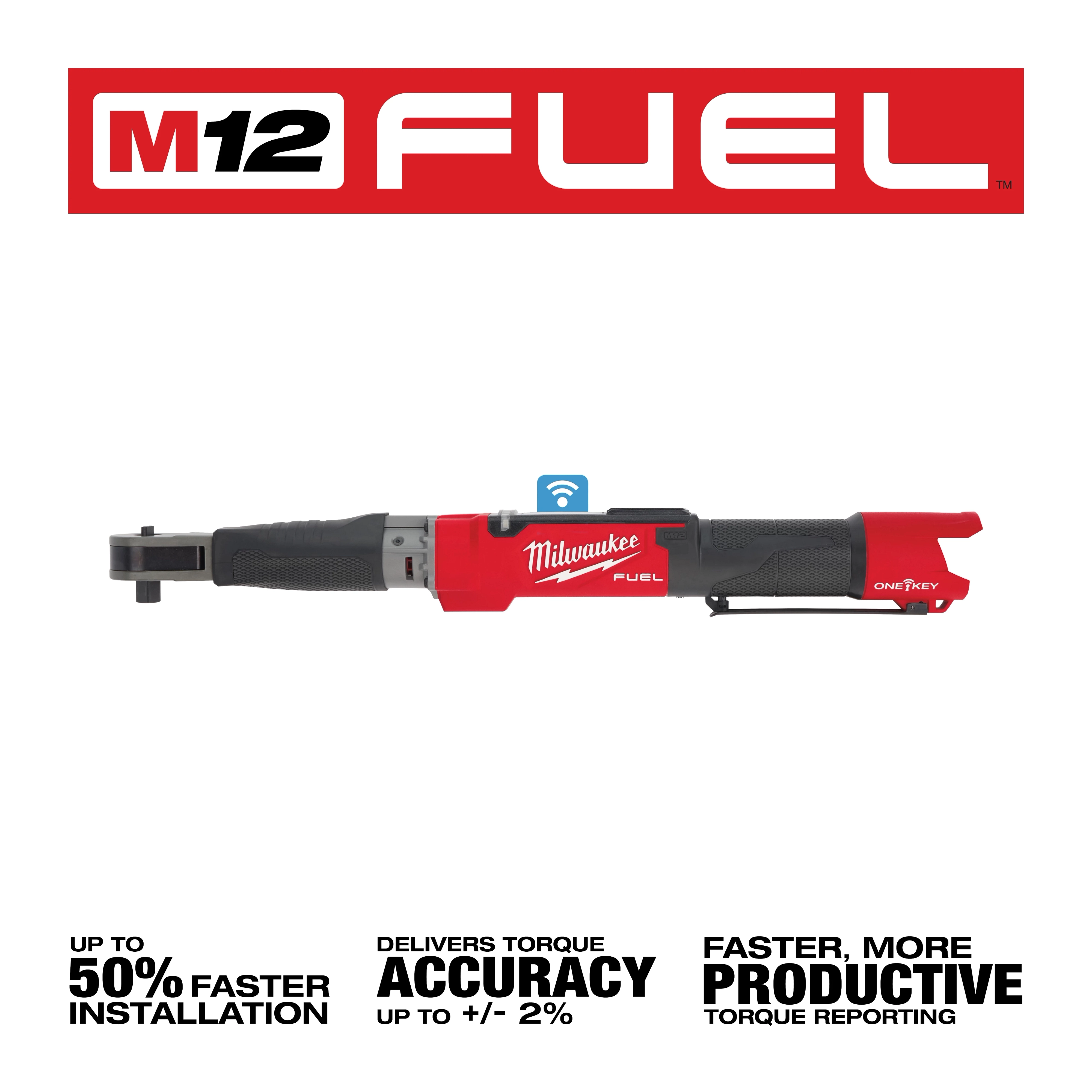 Milwaukee M12 Fuel 1/2" Digital Torque Wrench with ONE-KEY. Features 50% faster installation, torque accuracy up to ± 2%, and enhanced productivity.