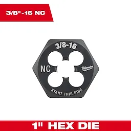 3/8"-16 NC 1-Inch Hex Threading Die, black with four circular holes and "start this side" text, shown on a white background.