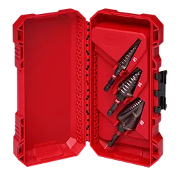 SHOCKWAVE Impact Duty ELECTRICAL KIT (#1, #4, #9) in a red plastic case, containing three step drill bits with labeled slots.