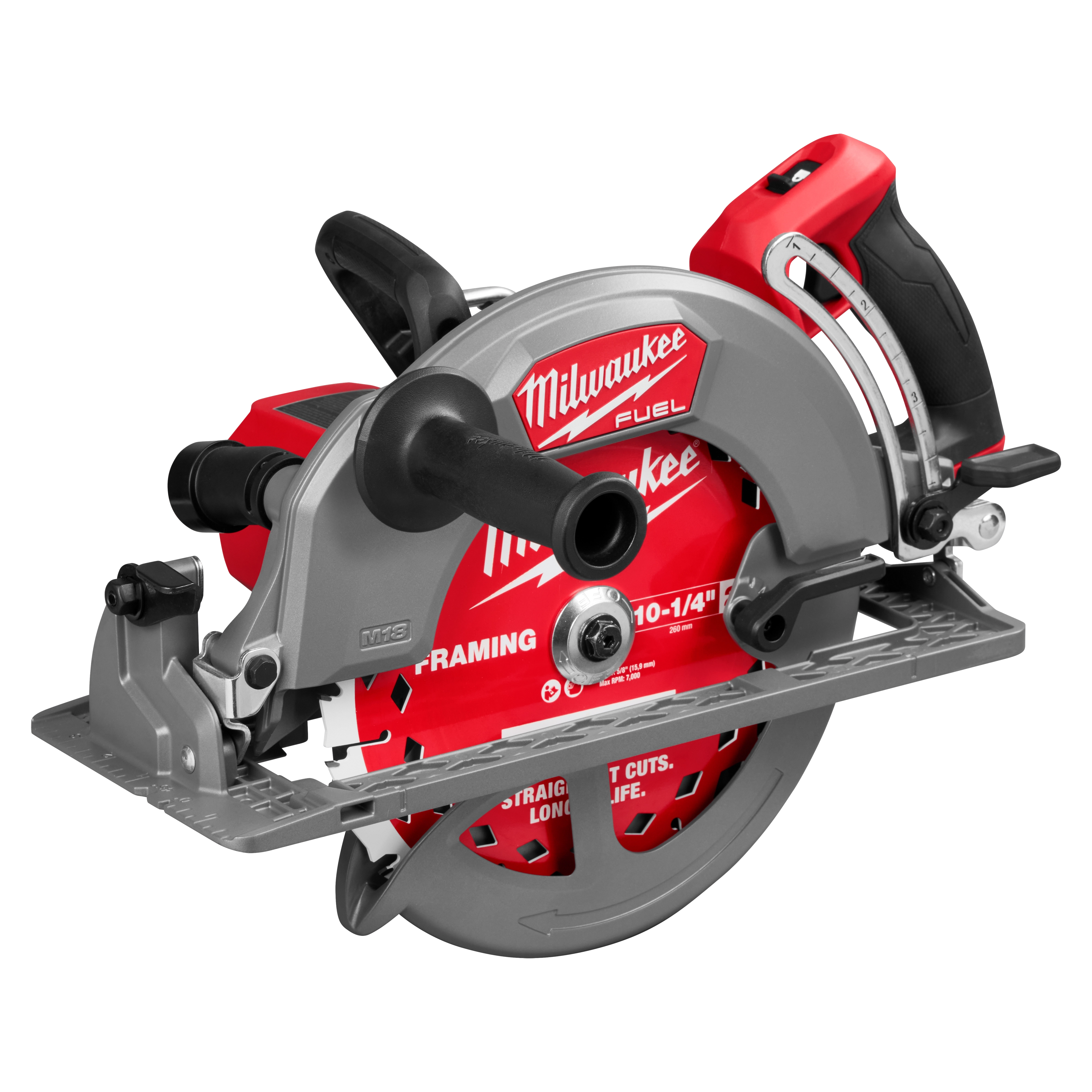 Milwaukee M18 FUEL 10-1/4" Rear Handle Circular Saw with red and gray body, ergonomic grip, and blade cover for enhanced safety.