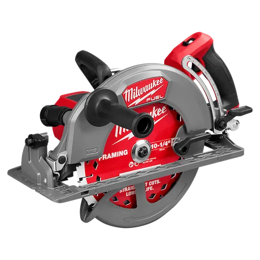 Milwaukee M18 FUEL 10-1/4" Rear Handle Circular Saw with red and gray body, ergonomic grip, and blade cover for enhanced safety.