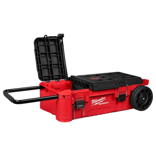 PACKOUT Rolling Tool Chest with Compact Split Lid shown open, with extended handle and large wheels on one side.