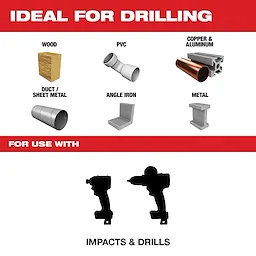 SHOCKWAVE Drill Bits are ideal for drilling wood, PVC, copper, aluminum, duct/sheet metal, angle iron, and metal. Suitable for use with impacts and drills, outlined in black silhouettes at the bottom of the image.
