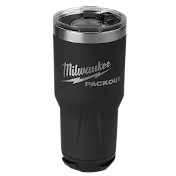 Black PACKOUT 30oz Tumbler with a stainless steel rim, clear lid, and silver Milwaukee logo and text.