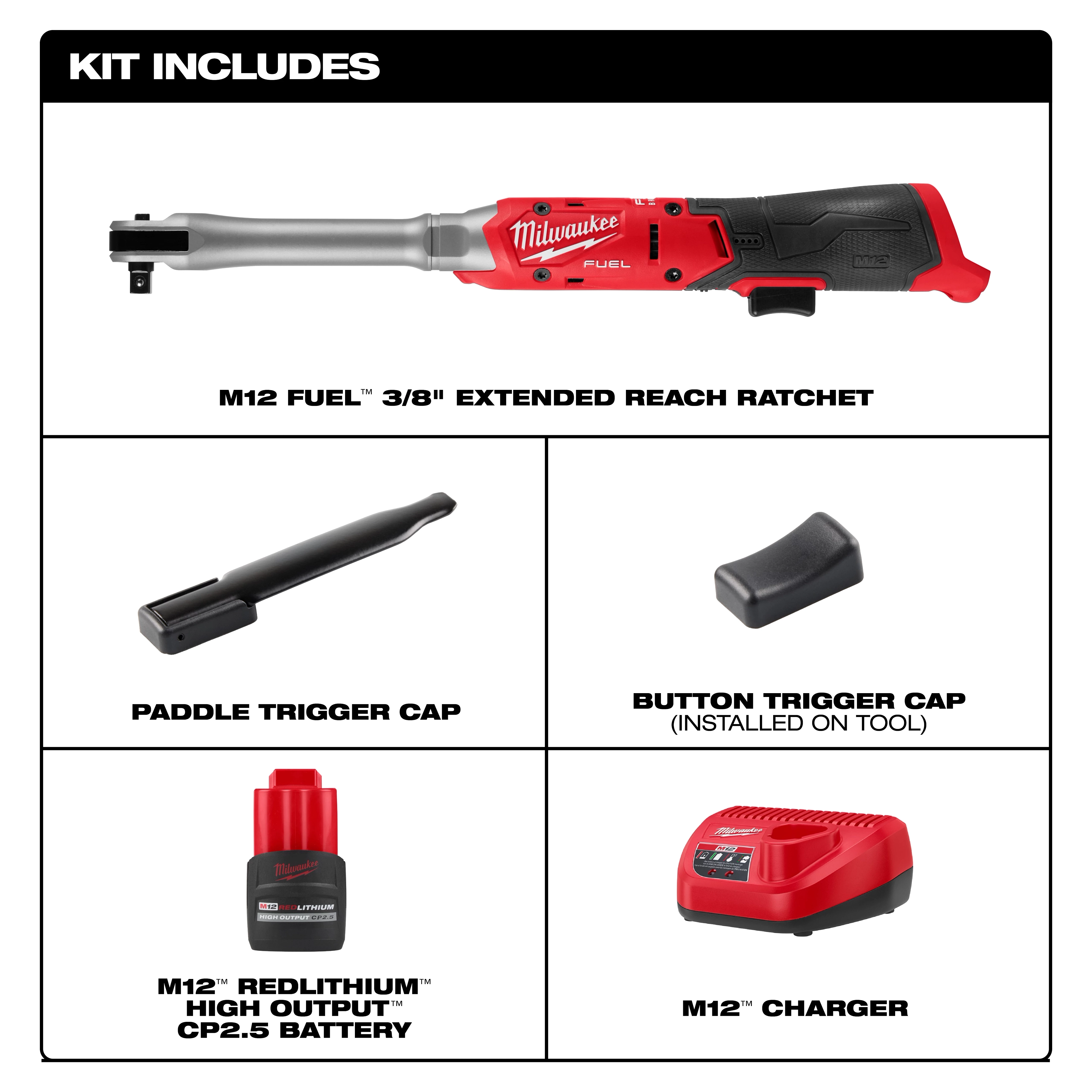M12 FUEL 3/8" Extended Reach Ratchet kit with trigger caps, battery, and charger displayed in separate sections.