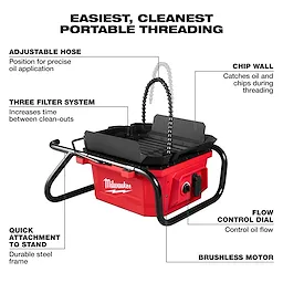 M18 Brushless Pipe Threading Oiler with adjustable hose, chip wall, filter system, and control dial in a metal frame.