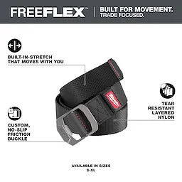 The image shows the FREEFLEX™ Nylon Webbing 1.5" Belt. It features built-in stretch for flexibility, a custom no-slip friction buckle, and tear-resistant layered nylon. Available in sizes S-XL.