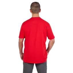 Man wearing a HEAVY DUTY T-SHIRT Short-Sleeve in red, standing with hands on hips, viewed from the back.