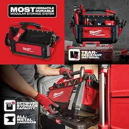 Milwaukee Packout tool bag featuring tear-resistant material, optimized storage capacity, and all-metal hardware for durability.