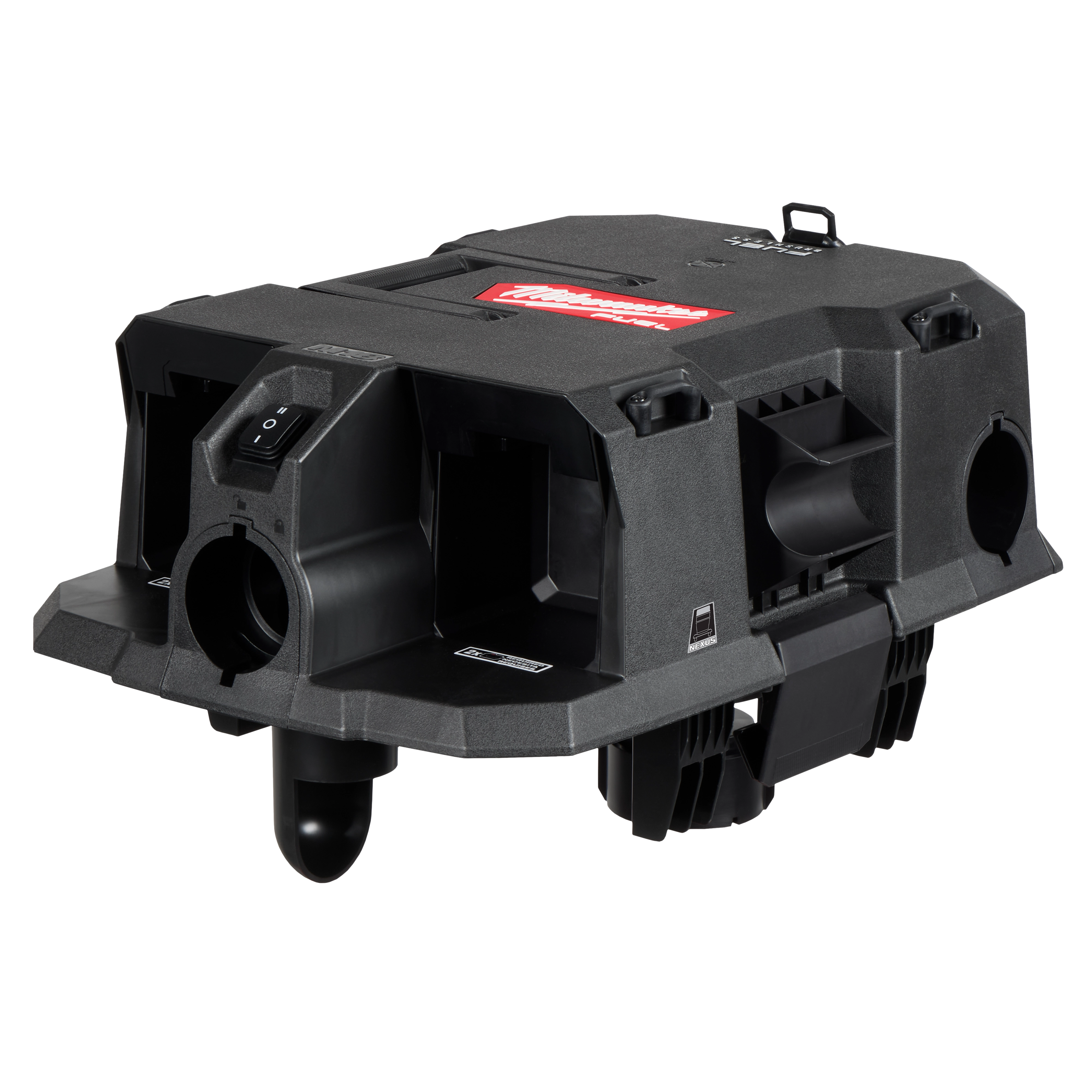 Milwaukee Air Tip Dust Collector features a robust black plastic construction with a rectangular design and multiple hose inlets. The Milwaukee logo in red is visible on top. This tool is used for collecting dust in various industrial and worksite applications.