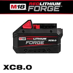 M18 REDLITHIUM FORGE XC8.0 Battery Pack is a black and red high-capacity power tool battery with a red release button.