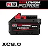 M18 REDLITHIUM FORGE XC8.0 Battery Pack is a black and red high-capacity power tool battery with a red release button.