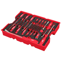 The image shows a 17PC Screwdriver & Pry Bar Set with Tray for PACKOUT™ Drawers. The set includes various sizes of red-handled screwdrivers and pry bars, neatly organized in a red tray, designed to fit PACKOUT™ storage drawers.