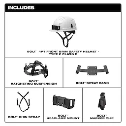 The BOLT 4PT Front Brim Safety Helmet - Type 2, Class E includes a ratcheting suspension, sweat band, chin strap, headlamp mount, and marker clip.