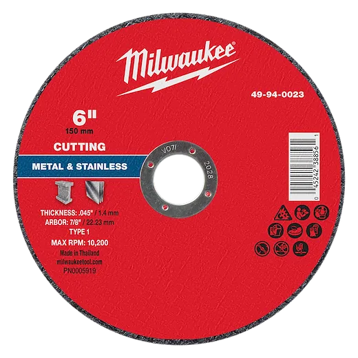 Red 6"x.045"x7/8" Metal Cut Off Wheel-Type 1 for cutting metal and stainless steel, with a maximum RPM of 10,200.