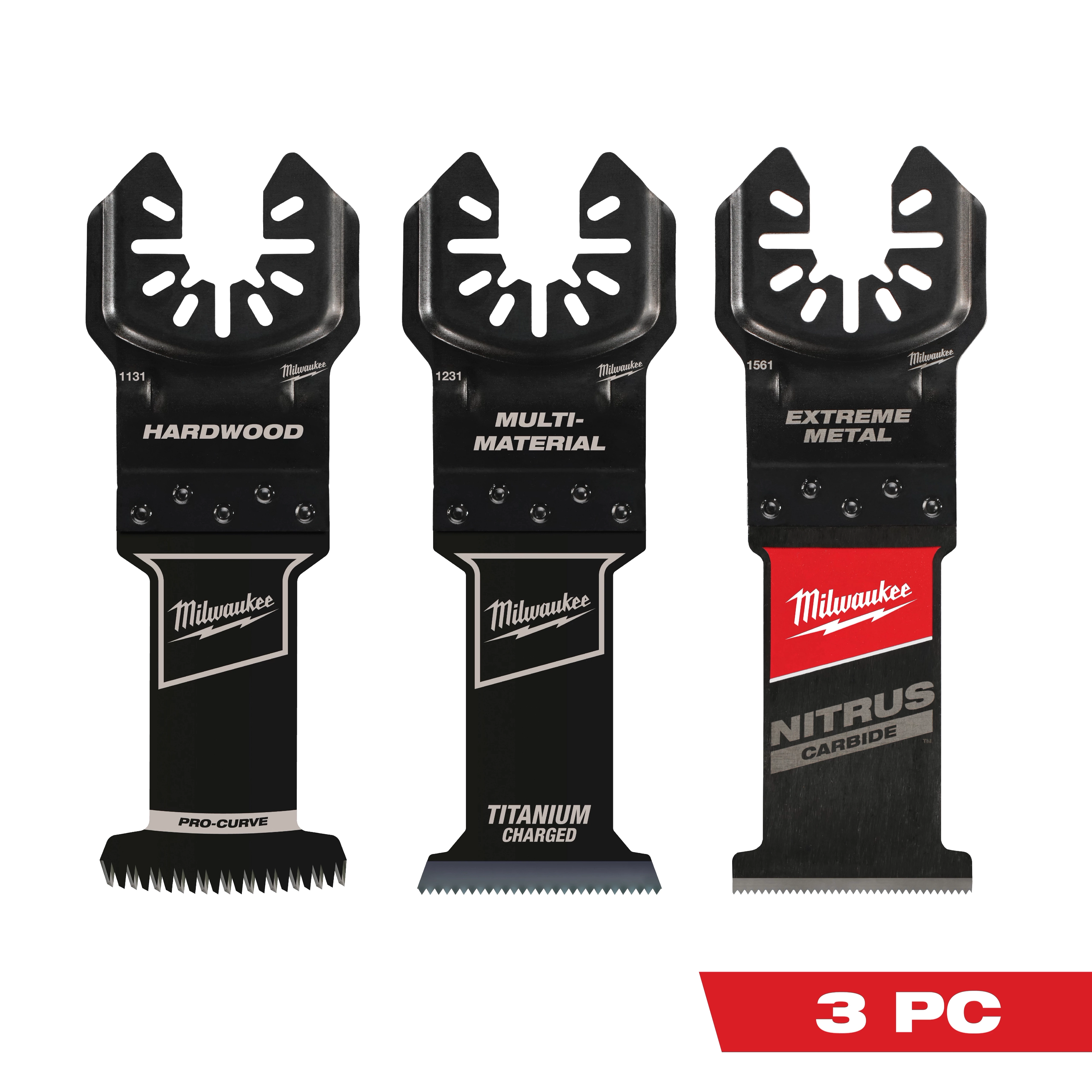 The OPEN-LOK™ 3 PC Oscillating Multi-Tool Blade Set includes three distinct blades: one for hardwood, one for multi-material, and one for extreme metal. The blades are optimized for durability and precision, featuring Milwaukee branding and material specifications on each blade.