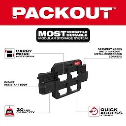 Image of the PACKOUT™ Tool Box Compact Plate. Features include: "Carry More Side Storage," "Securely Locks Onto PACKOUT with Metal-Reinforced Corners," "Impact-Resistant Body," "30 lbs Capacity," and "Quick Access Storage." The system is described as the "Most Versatile Durable Modular Storage System."