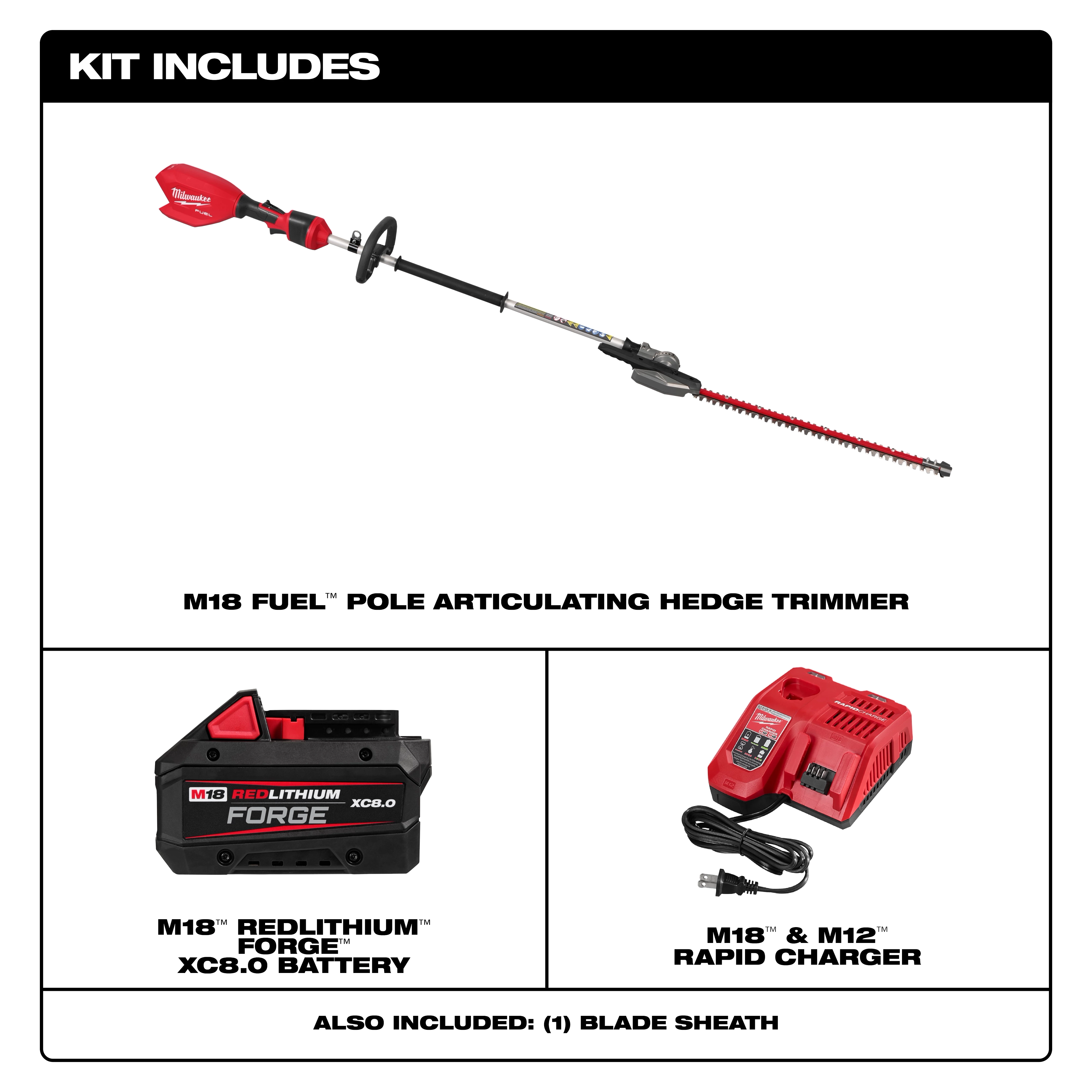 The image shows the contents of a kit including an M18 Fuel pole articulating hedge trimmer, an M18 Redlithium XC8.0 battery, an M18 and M12 rapid charger, and a blade sheath.