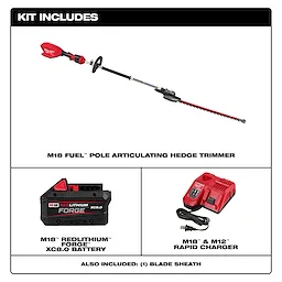 The image shows the contents of a kit including an M18 Fuel pole articulating hedge trimmer, an M18 Redlithium XC8.0 battery, an M18 and M12 rapid charger, and a blade sheath.