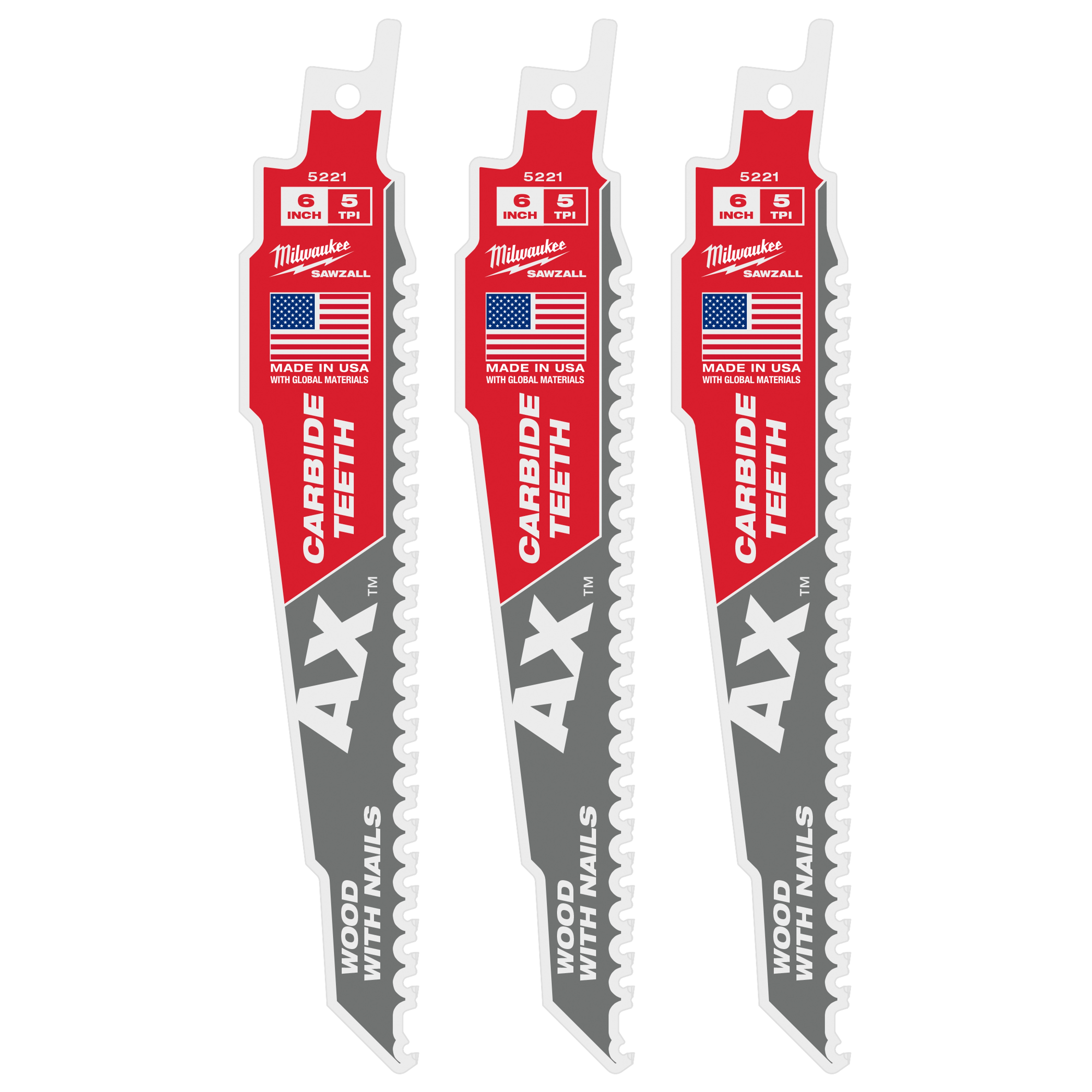Product image of 6" 5 TPI AX™ with Carbide Teeth SAWZALL® Blade for Wood with Nails (3 PK). Three blades featuring red, white, and grey design with text indicating they are made in USA. Suitable for cutting wood with nails, with carbide teeth for durability.