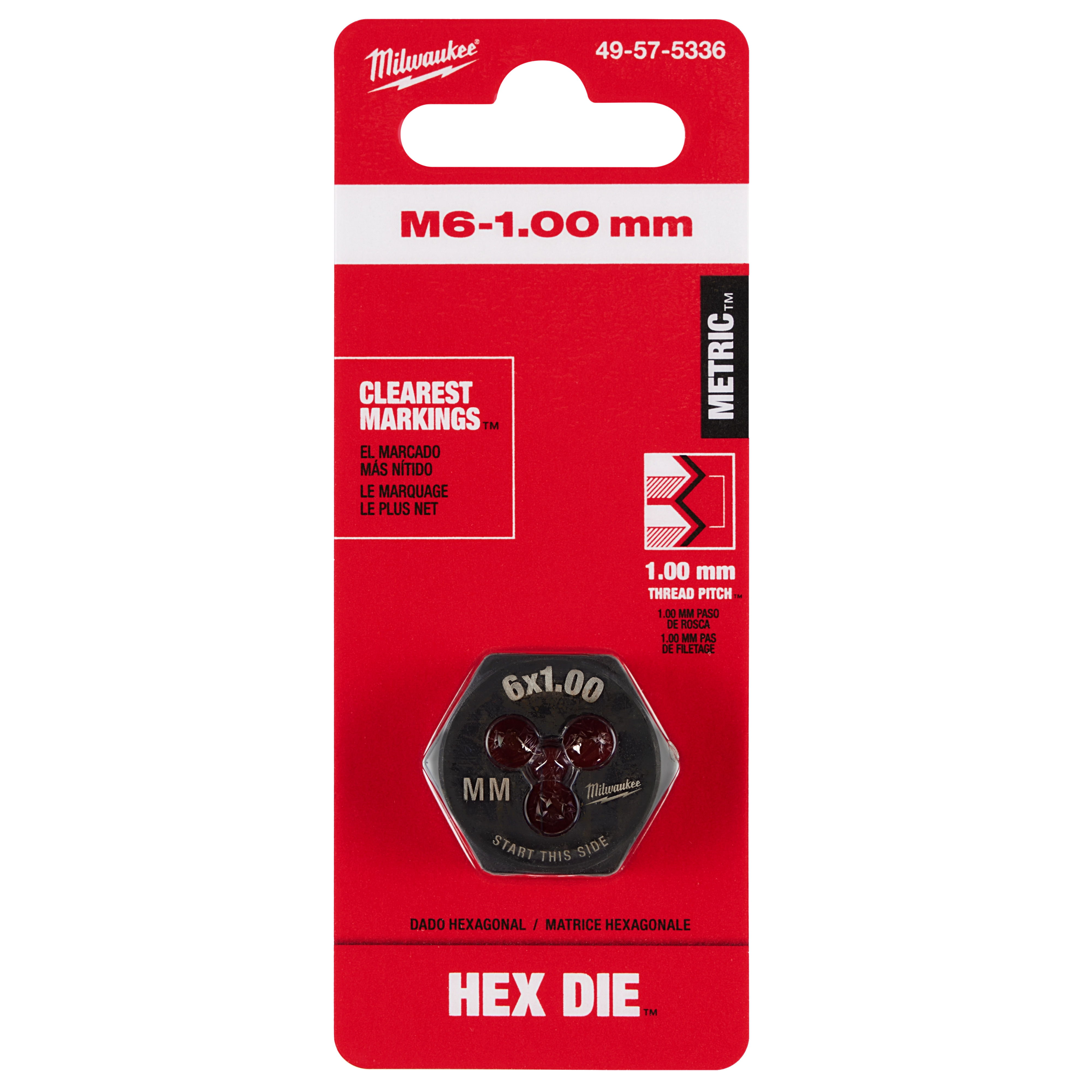 M6-1.00 mm 1-Inch Hex Threading Die in its red and black packaging with clear markings indicating 1.00 mm thread pitch.