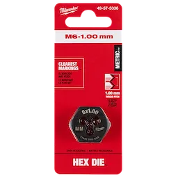 M6-1.00 mm 1-Inch Hex Threading Die in its red and black packaging with clear markings indicating 1.00 mm thread pitch.