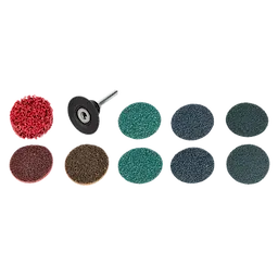 The 10PC 2" Quick Change Disc Kit image shows ten abrasive discs in various colors and textures, along with a disc holder with a protruding shaft for attachment to power tools.