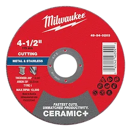 4-1/2" x .045" x 7/8" Ceramic+ Metal Cut Off Wheel - Type 1, red with white and black text, includes product details and barcode.