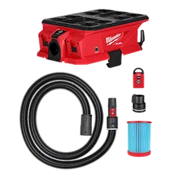This image displays the Milwaukee M18 FUEL PACKOUT Cordless Vacuum, featuring a red and black design. The set includes the vacuum unit, hose, extension, battery adapter, and blue cylindrical air filter. The vacuum is designed for portability and efficiency in cleaning tasks.