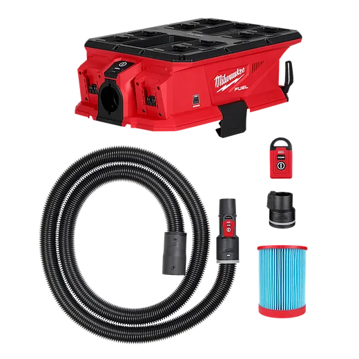 This image displays the Milwaukee M18 FUEL PACKOUT Cordless Vacuum, featuring a red and black design. The set includes the vacuum unit, hose, extension, battery adapter, and blue cylindrical air filter. The vacuum is designed for portability and efficiency in cleaning tasks.
