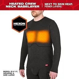 Person wearing a dark Milwaukee Heated Merino Wool Crew Neck Baselayer with glowing heated chest panels.