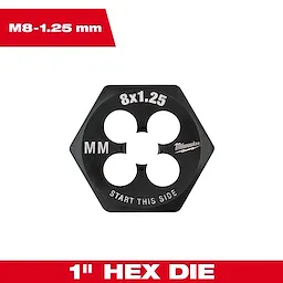 Black M8-1.25mm 1-Inch Hex Threading Die with "8x1.25," "MM," brand name, and "Start This Side" text, on white background.