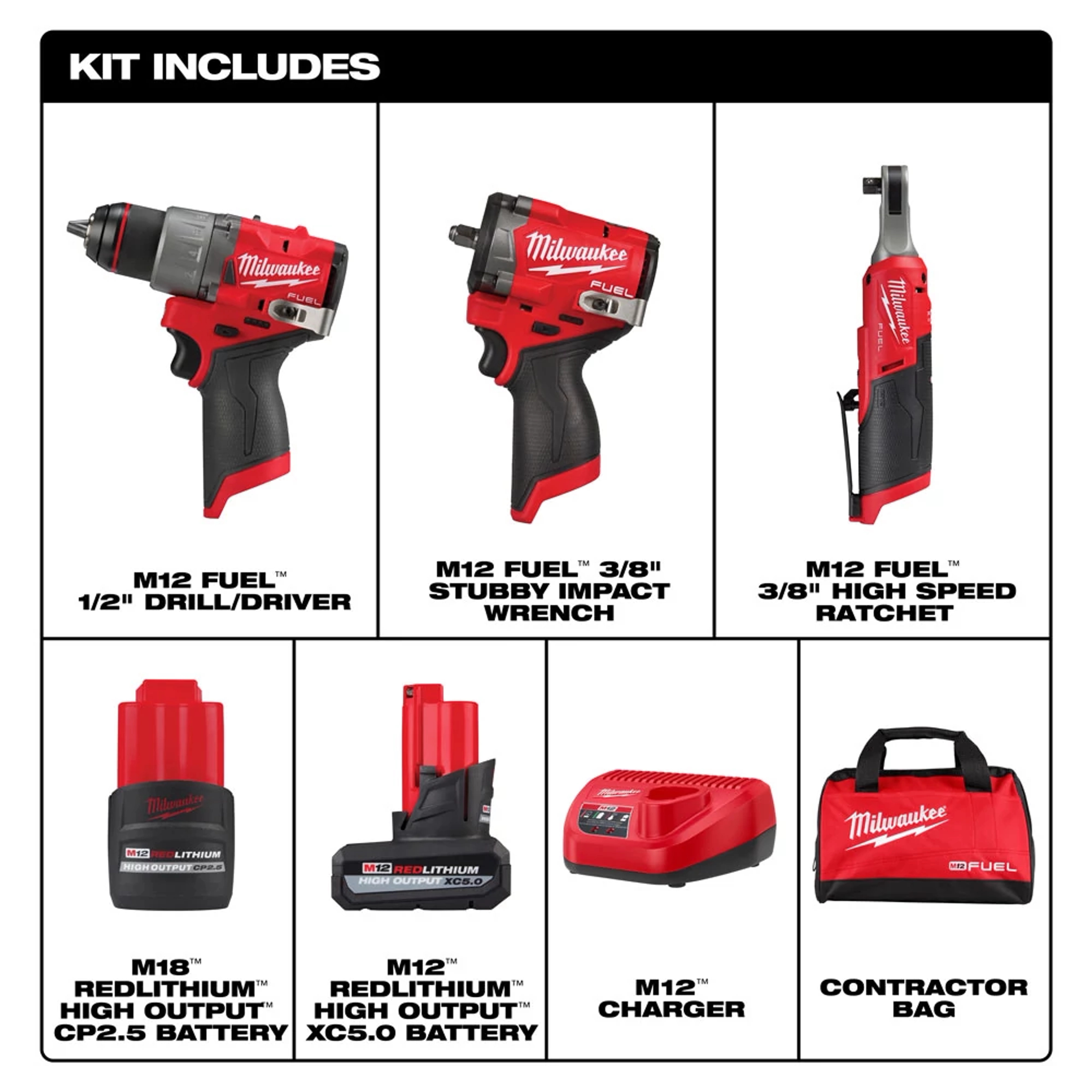 Image of the M12™ 3-Tool Combo Kit. It includes an M12 FUEL™ 1/2" drill/driver, M12 FUEL™ 3/8" stubby impact wrench, M12 FUEL™ 3/8" high speed wrench, M18™ REDLITHIUM™ battery, M12™ REDLITHIUM™ battery, multi-voltage charger, and a carrying case.