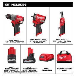 Image of the M12™ 3-Tool Combo Kit. It includes an M12 FUEL™ 1/2" drill/driver, M12 FUEL™ 3/8" stubby impact wrench, M12 FUEL™ 3/8" high speed wrench, M18™ REDLITHIUM™ battery, M12™ REDLITHIUM™ battery, multi-voltage charger, and a carrying case.